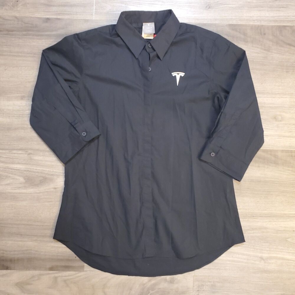 Tesla Button down Half sleeve Women's Dress Shirt Black Size Medium Preppy Work